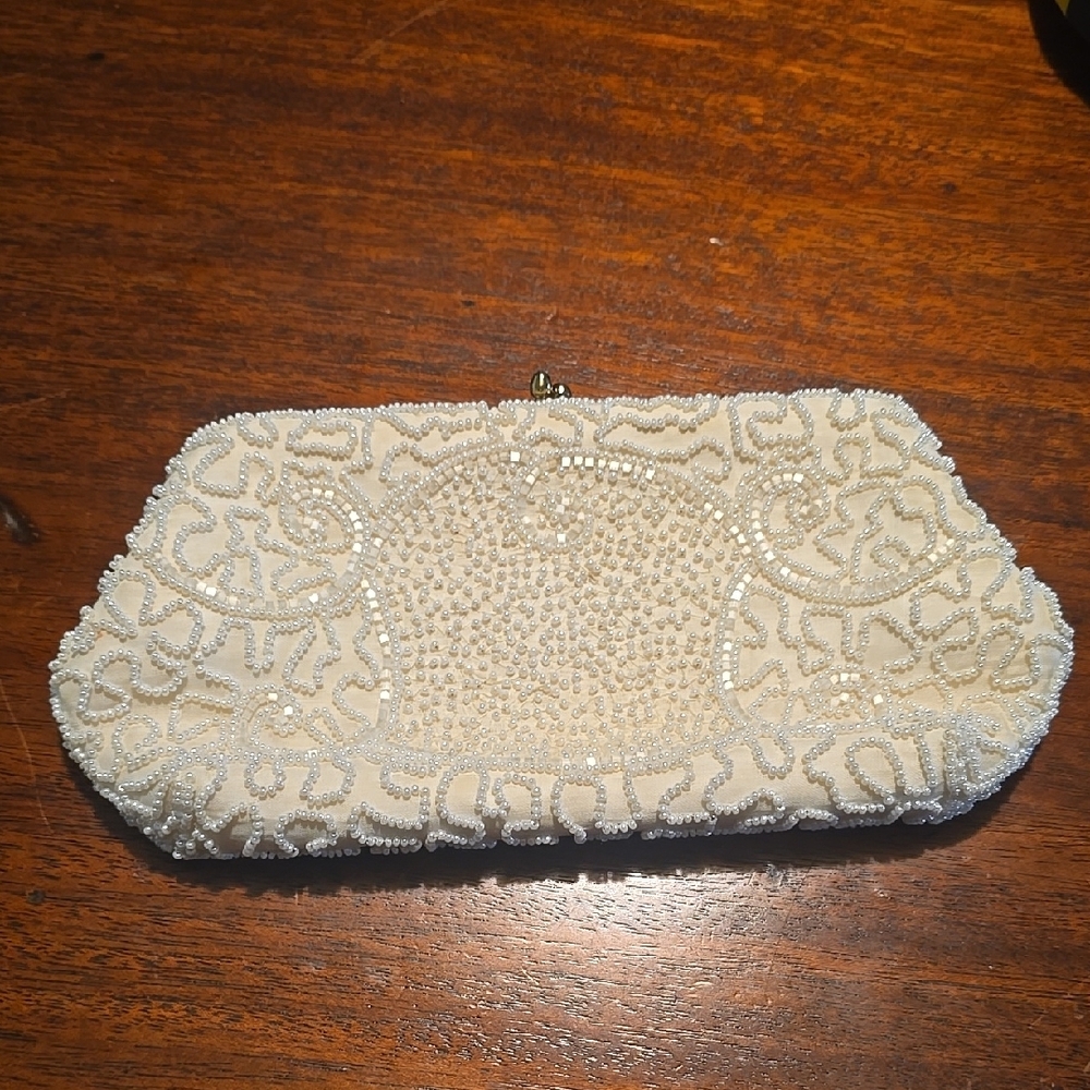 Walborg Cream Beaded Clutch with Ornate Design
